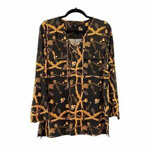 Max Sport Womens Blouse Black Gold Jewelery Stretch Chain Lace Up Pocket XL New